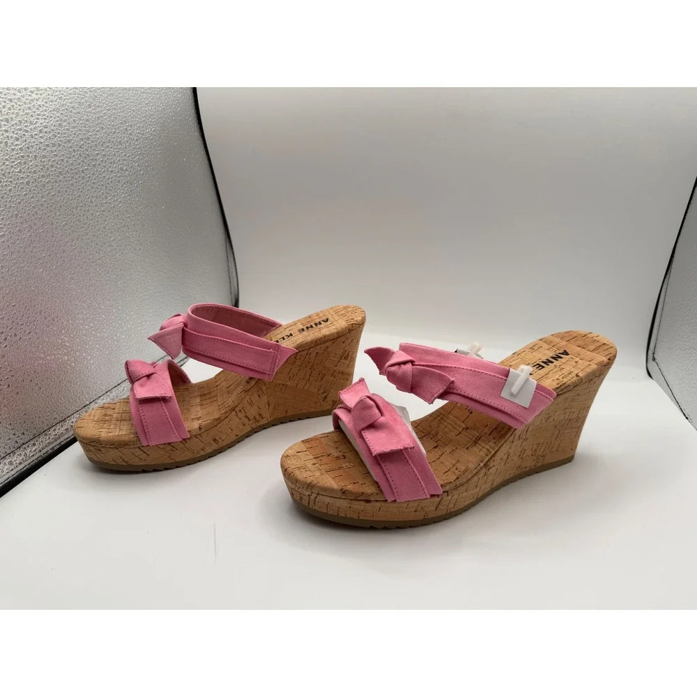 Anne Klein Pink Bow Cork‎ Wedge Sandals Womens Platform Slide Mules